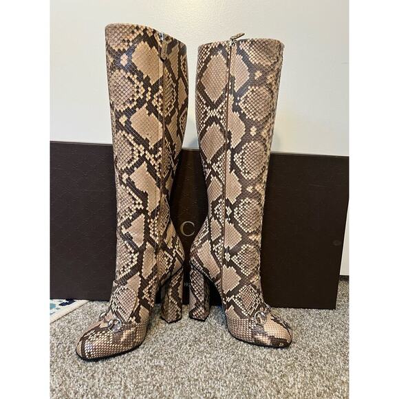 GUCCI CAMPAIGN PYTHON HORSEBIT HIGH TALL BOOTS BEIGE BROWN SZ 37.5 - Picture 5 of 14